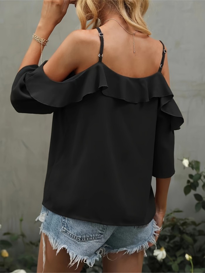 Long Sleeve Ruffle Trim Cold Shoulder V Neck Blouse for Spring & Fall, Casual Women's Clothing