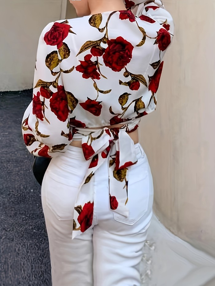 Women'S Fashionable Floral Print Blouse - Ruched V-Neck, Long Sleeves, White with Pink & Purple Roses, Perfect for Spring\u002FSummer\u002FFall, Casual Attire, Casual Attire|Floral Print Top|Ruched Detail