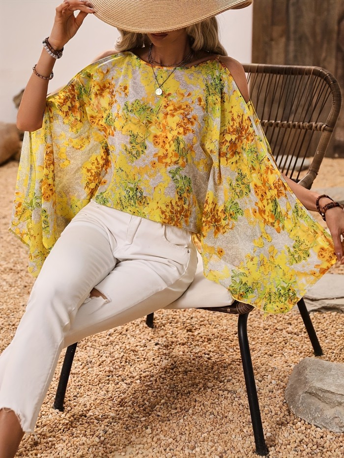 Cross-Border European And American Women'S Fashion Elegant Hollow Full Print Loose Batwing Sleeve Shirt
