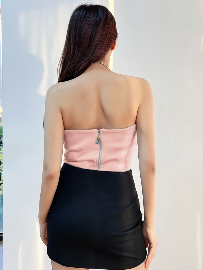 Women's Elegant Pink Ruffled Strapless Top with Floral Embellishments - Stretchy Polyester Blend, Machine Washable, Perfect for Evening Outfits and Special Occasions