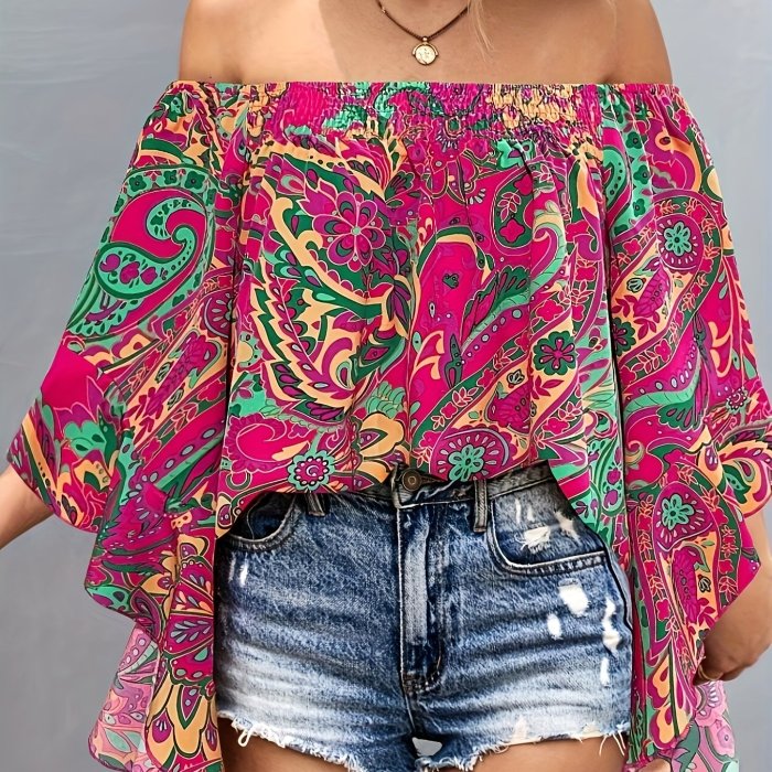 Vacation Style Off Shoulder Blouse - Paisley Print Shirred Trim Flare Sleeve For Spring & Fall - Women's Clothing