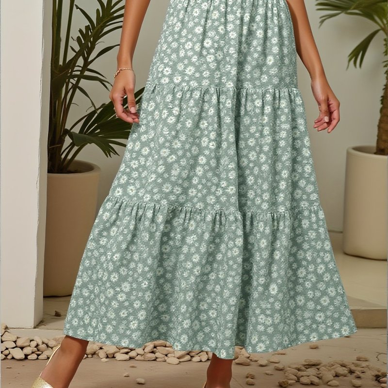 1pc, Summer Women'S High Waist Flower Print Ruffled Long Skirt, Light And Charming Women'S Skirt, Suitable For Dating, Picnics And Summer Leisure Time, Women'S Clothing