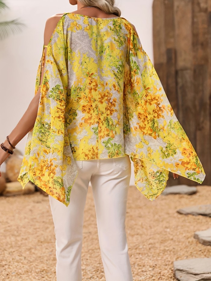 Cross-Border European And American Women'S Fashion Elegant Hollow Full Print Loose Batwing Sleeve Shirt