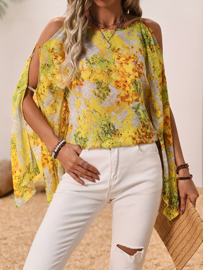 Cross-Border European And American Women'S Fashion Elegant Hollow Full Print Loose Batwing Sleeve Shirt
