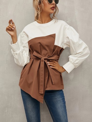 Elegant Crew Neck Color Block Blouse with Lantern Sleeves and Tie-Waist Detail - Polyester 100% Solid Color Asymmetrical Hem Pullover Shirt for Women - Spring\u002FFall Loose Fit Woven Top for Weekend Casual