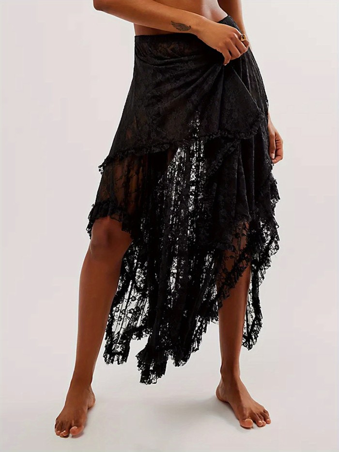 Women's Lace Midi Skirt with Elastic High Waist - Semi-Sheer Irregular Hem Lightweight Summer Casual Skirt, Machine Washable Young Fashion Style