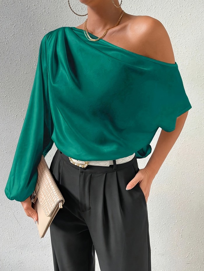 Elegant One-Shoulder Satin Blouse for Women - Green, Lantern Sleeves, Draped Design, Non-Sheer, Machine Washable, Perfect for Spring\u002FSummer Fashion