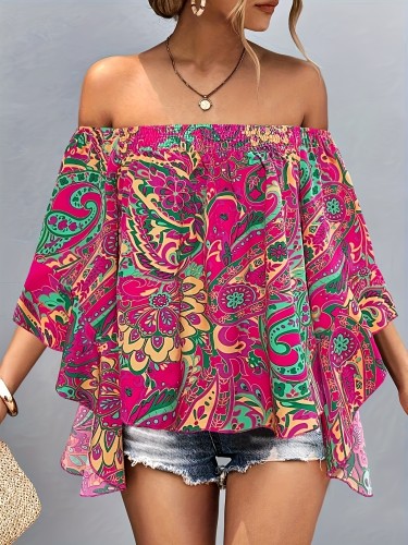 Vacation Style Off Shoulder Blouse - Paisley Print Shirred Trim Flare Sleeve For Spring & Fall - Women's Clothing