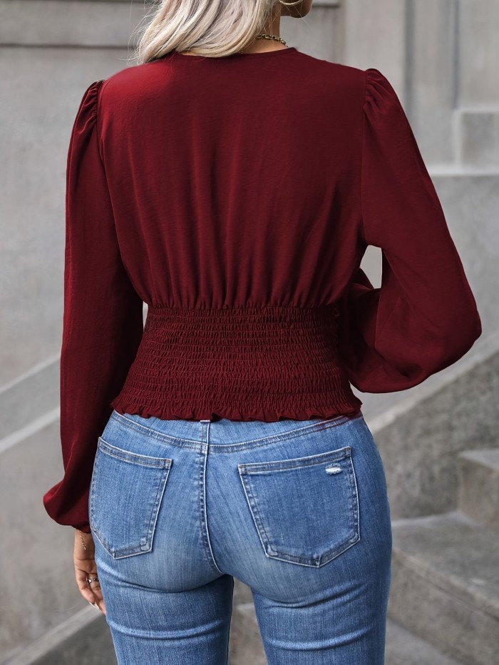 1pc Women's V-Neck Long Sleeve Top, 100% Polyester Solid Color Woven Blouse - Comfortable, Regular Length for Spring\u002FFall Adult Fashion