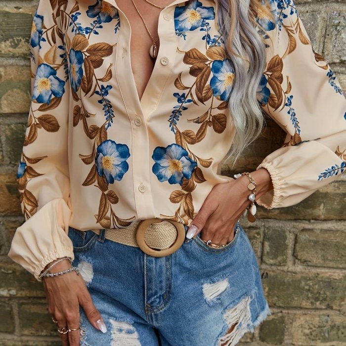 Elegant Long Sleeve Floral Print Blouses - Retro Lapel Neck Button Front Women's Clothing