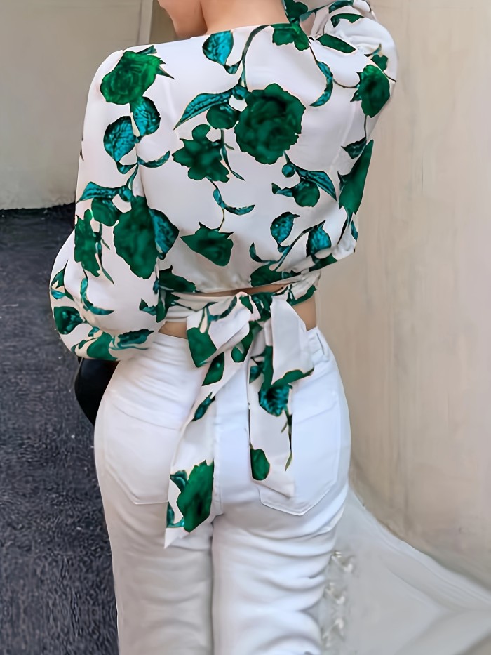 Women'S Fashionable Floral Print Blouse - Ruched V-Neck, Long Sleeves, White with Pink & Purple Roses, Perfect for Spring\u002FSummer\u002FFall, Casual Attire, Casual Attire|Floral Print Top|Ruched Detail