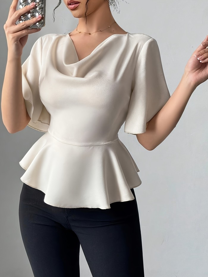 Women'S Elegant Ruffle Sleeve Blouse - Soft Polyester, V-Neck, Short Sleeve, Casual Wear for Spring and Summer, Casual Wear Blouse | Ruffle Sleeve Top | Polyester Fabric