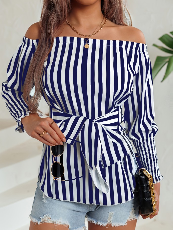 Elegant Off Shoulder Blouse - Striped Print Tie Front - Women's Clothing for Spring & Fall