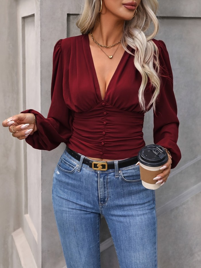 1pc Women's V-Neck Long Sleeve Top, 100% Polyester Solid Color Woven Blouse - Comfortable, Regular Length for Spring\u002FFall Adult Fashion