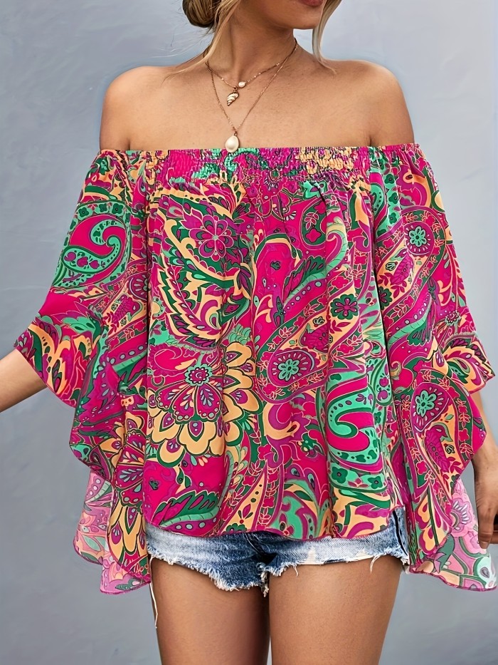 Vacation Style Off Shoulder Blouse - Paisley Print Shirred Trim Flare Sleeve For Spring & Fall - Women's Clothing