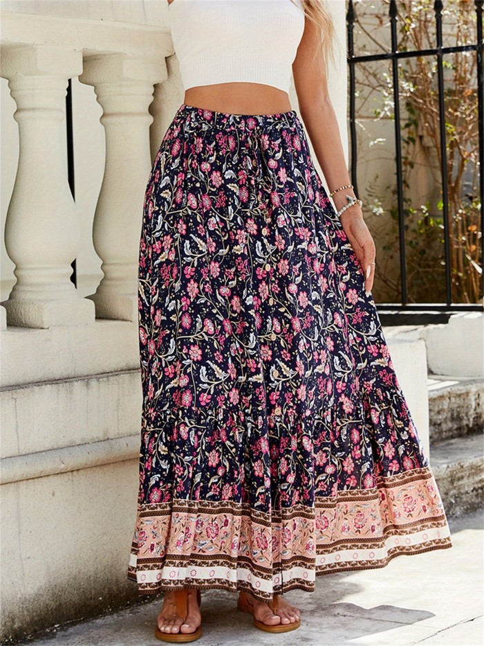 Women'S Fashion Long Skirts Floral Print Elastic Waist Skirts Summer Fashion Beach Holiday Casual Skirts