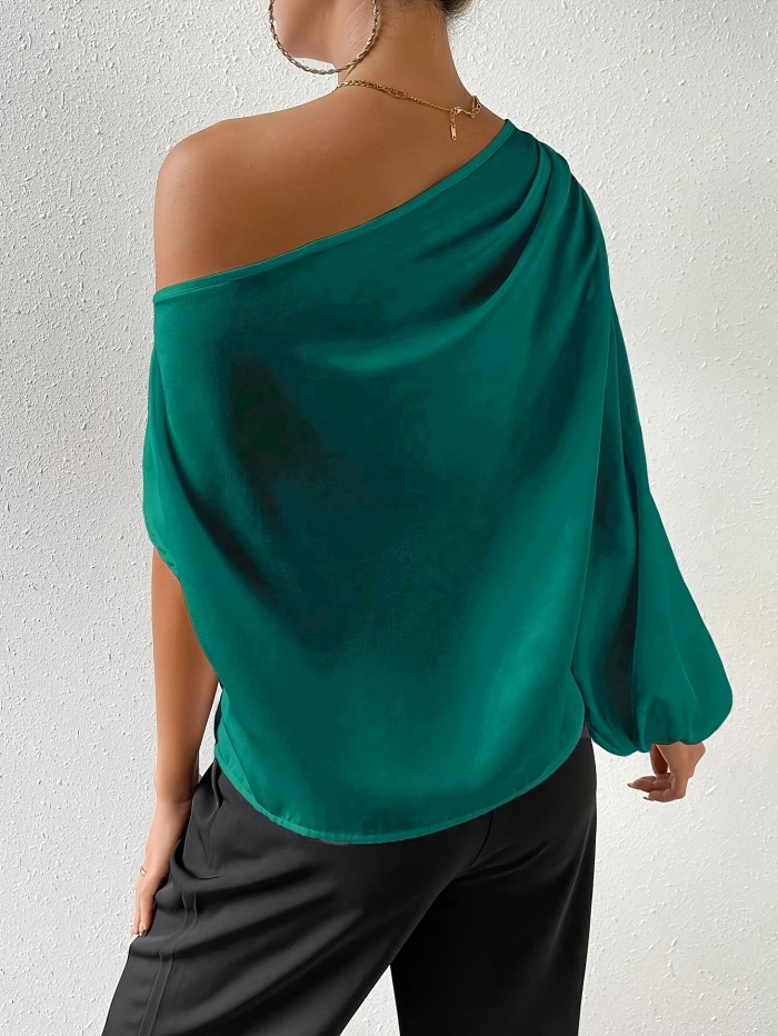 Elegant One-Shoulder Satin Blouse for Women - Green, Lantern Sleeves, Draped Design, Non-Sheer, Machine Washable, Perfect for Spring\u002FSummer Fashion