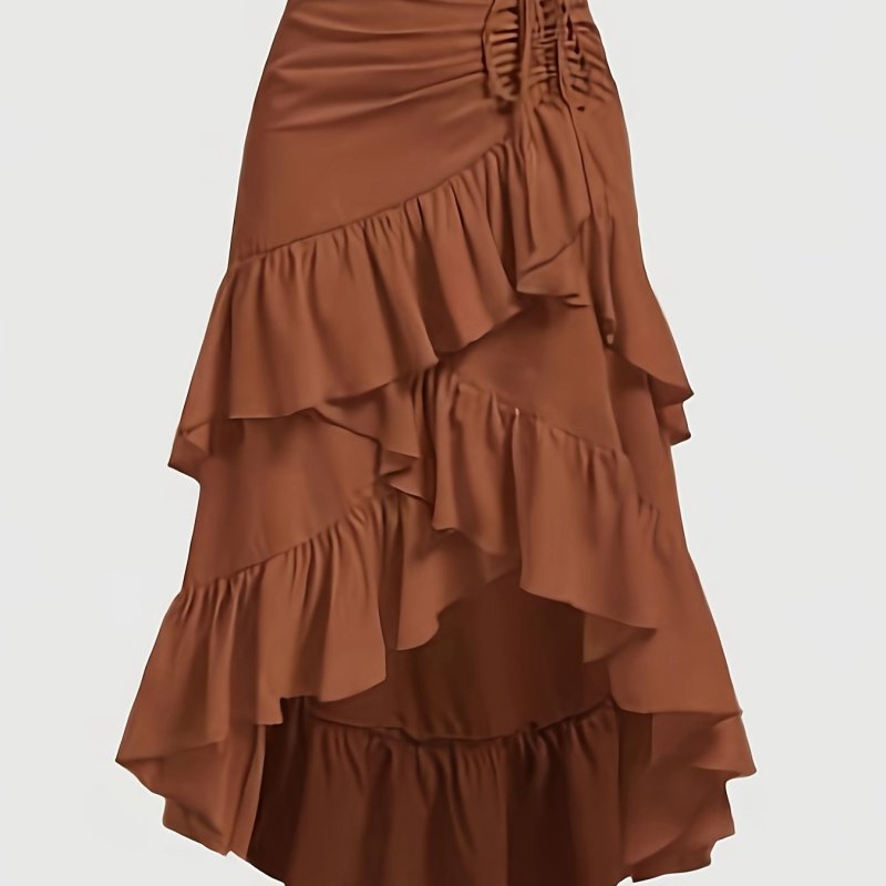Tiered Ruffle Elegant Skirt for Women Elegant Asymmetrical Tiered Ruffle Skirt for Women, Casual Polyester Zipper Skirt with Drawstring, Woven Solid Color, All-Season Wear