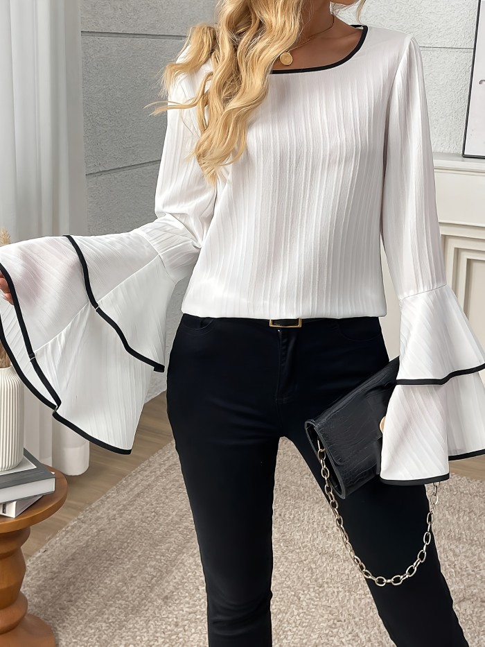 Chic Square Neck Bell Sleeve Blouse - Casual Solid Color, Stretchy Polyester & Spandex Blend, Machine Washable - Perfect for Spring\u002FFall
