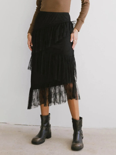 Elegant Women's Lace Skirt with Ruffled Edge - Elastic Waist, Long Layered Design, Black, Perfect for Casual or Stylish Outfits, Maxi Skirt