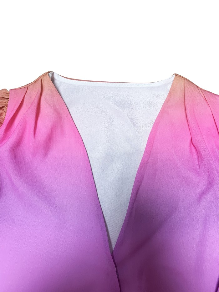 Chic Spring Gradient Blouse Lightweight Gradient Chic Blouse for Women - V-Neck, Lantern Sleeves, Polyester, Machine Washable