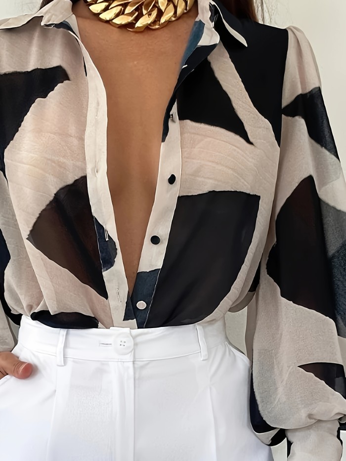 Elegant Color Block Button-Up Shirt for Women - Polyester, Non-Stretch, Woven Fabric - Perfect for Spring & Fall