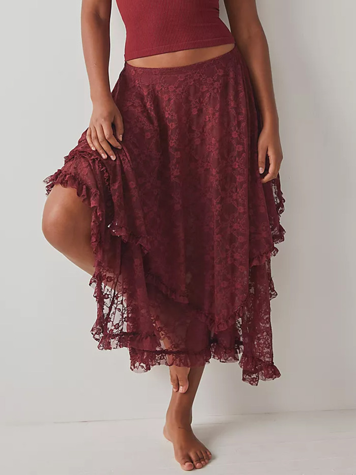 Women's Lace Midi Skirt with Elastic High Waist - Semi-Sheer Irregular Hem Lightweight Summer Casual Skirt, Machine Washable Young Fashion Style