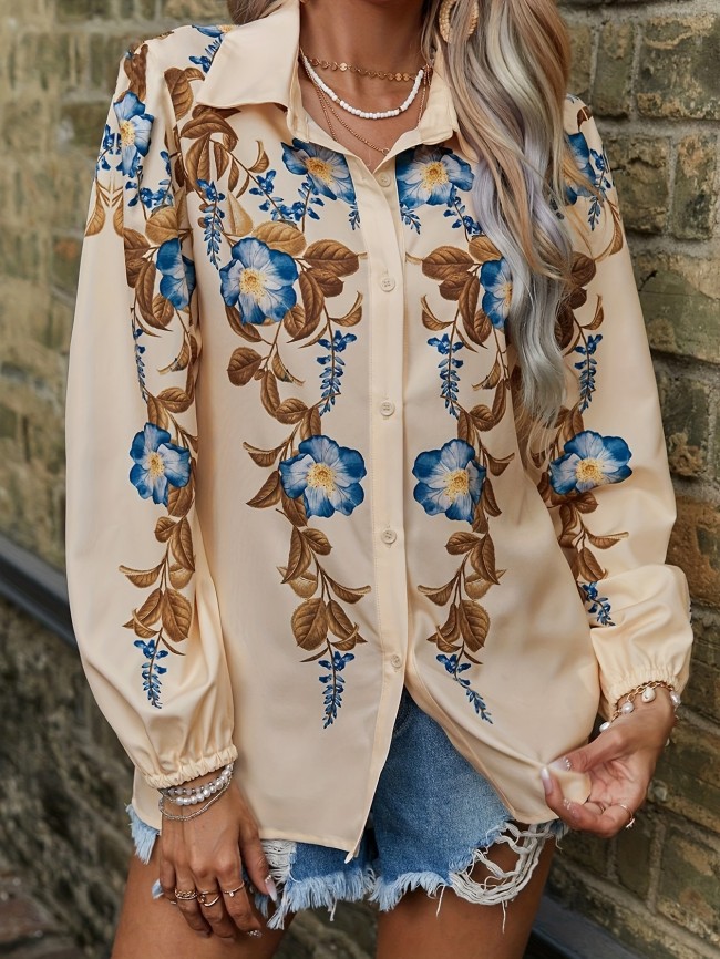 Elegant Long Sleeve Floral Print Blouses - Retro Lapel Neck Button Front Women's Clothing