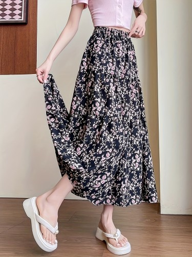 XC119 Elegant Black Floral A-Line Midi Skirt - High-Waisted, Waist-Cinching Design with Vibrant Pink & White Flowers, Perfect for Spring & Fall, Allseason Skirt|Floral Print Skirt|Flared Hem Skirt