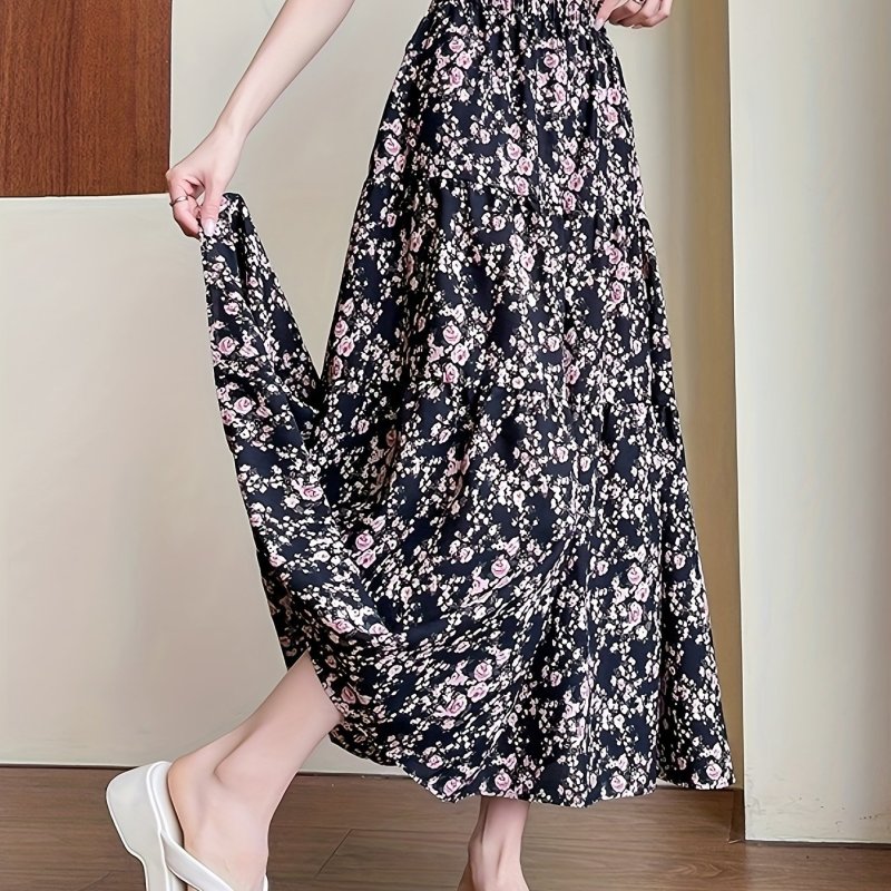 XC119 Elegant Black Floral A-Line Midi Skirt - High-Waisted, Waist-Cinching Design with Vibrant Pink & White Flowers, Perfect for Spring & Fall, Allseason Skirt|Floral Print Skirt|Flared Hem Skirt