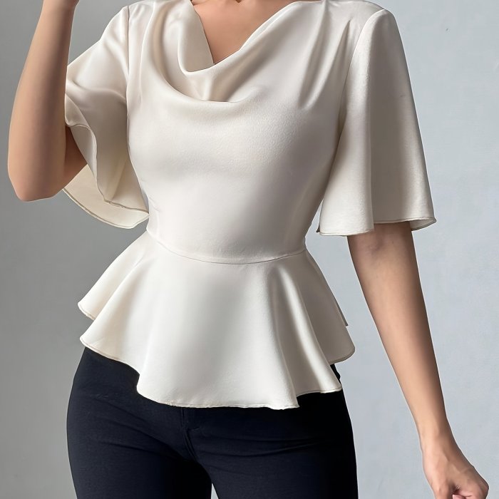 Women'S Elegant Ruffle Sleeve Blouse - Soft Polyester, V-Neck, Short Sleeve, Casual Wear for Spring and Summer, Casual Wear Blouse | Ruffle Sleeve Top | Polyester Fabric