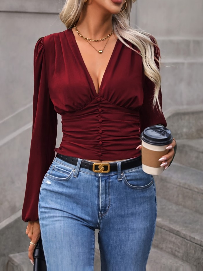 1pc Women's V-Neck Long Sleeve Top, 100% Polyester Solid Color Woven Blouse - Comfortable, Regular Length for Spring\u002FFall Adult Fashion