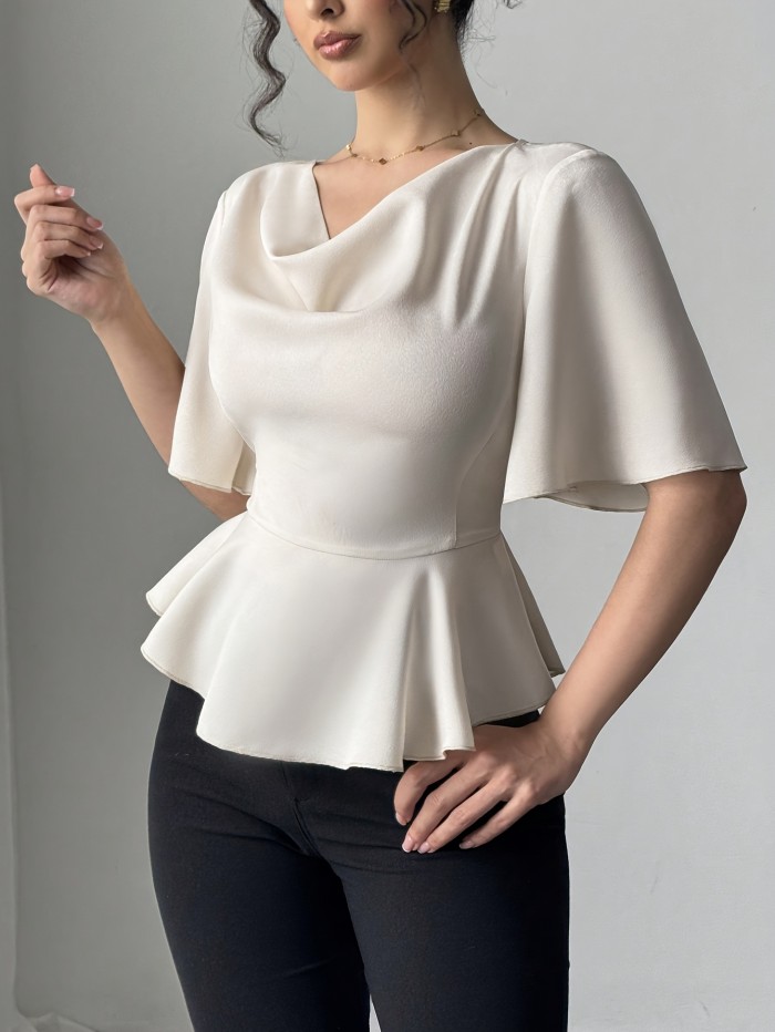 Women'S Elegant Ruffle Sleeve Blouse - Soft Polyester, V-Neck, Short Sleeve, Casual Wear for Spring and Summer, Casual Wear Blouse | Ruffle Sleeve Top | Polyester Fabric
