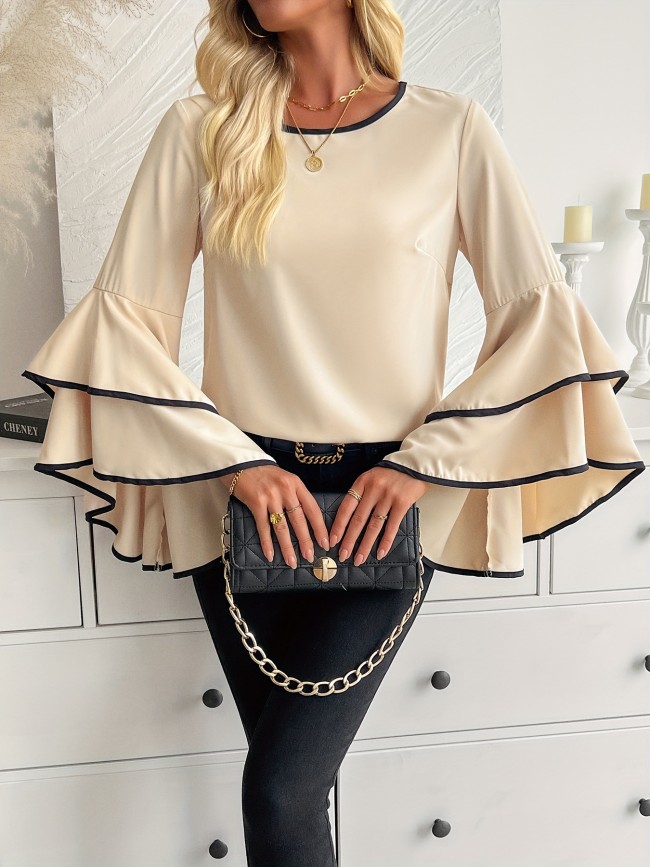 Gentle Care Elegant Apricot Flared Sleeve Blouse with Black Contrast Trim - Crew Neck, Ruffle Detail, Non-Stretch Polyester - Versatile All-Season Wear for Women