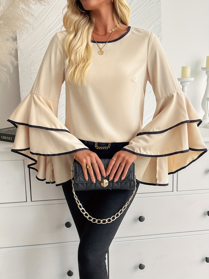 Gentle Care Elegant Apricot Flared Sleeve Blouse with Black Contrast Trim - Crew Neck, Ruffle Detail, Non-Stretch Polyester - Versatile All-Season Wear for Women