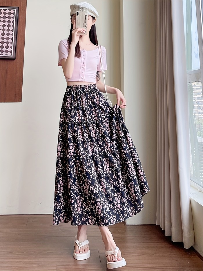 XC119 Elegant Black Floral A-Line Midi Skirt - High-Waisted, Waist-Cinching Design with Vibrant Pink & White Flowers, Perfect for Spring & Fall, Allseason Skirt|Floral Print Skirt|Flared Hem Skirt