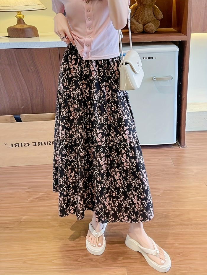 XC119 Elegant Black Floral A-Line Midi Skirt - High-Waisted, Waist-Cinching Design with Vibrant Pink & White Flowers, Perfect for Spring & Fall, Allseason Skirt|Floral Print Skirt|Flared Hem Skirt