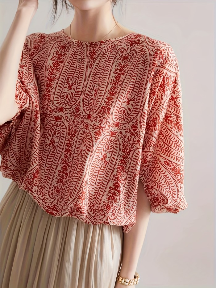 Elegant Paisley Print Half-Sleeve Blouse with Lantern Sleeves and Crew Neck - Loose Fit, Polyester, Red Floral Design for Women, Perfect for Spring\u002FSummer Outings, Outdoor Clothing | Lantern Sleeve Blouse | Floral Print Shirt, Ladies Blouses