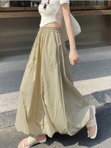 Women'S Light Yellow Maxi Skirt - Soft Polyester, Elastic Waist with Lantern Sleeves & Pockets, Flowy Design for Spring\u002FSummer Vacations, Ladies Skirts