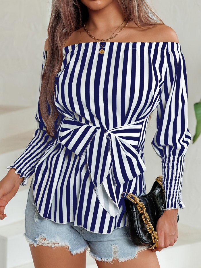 Elegant Off Shoulder Blouse - Striped Print Tie Front - Women's Clothing for Spring & Fall