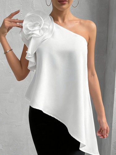 Elegant Asymmetrical Ruffle Blouse for Women - Chic Solid Color, Loose Fit, Woven Fabric with Unique Shoulder Design
