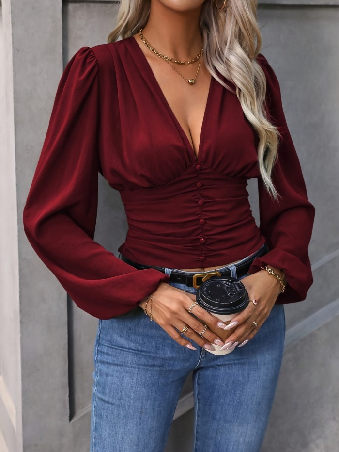 1pc Women's V-Neck Long Sleeve Top, 100% Polyester Solid Color Woven Blouse - Comfortable, Regular Length for Spring\u002FFall Adult Fashion