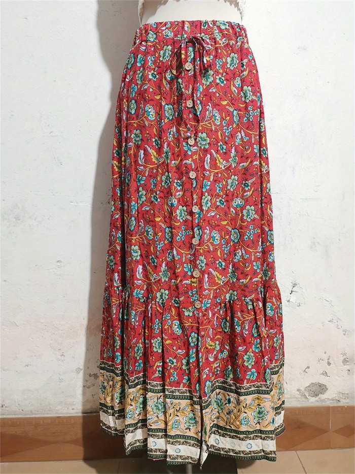Women'S Fashion Long Skirts Floral Print Elastic Waist Skirts Summer Fashion Beach Holiday Casual Skirts