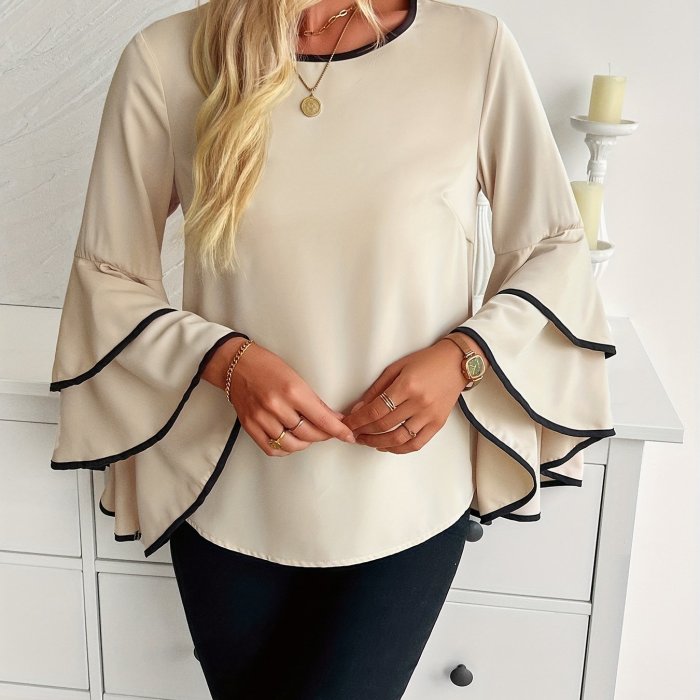 Gentle Care Elegant Apricot Flared Sleeve Blouse with Black Contrast Trim - Crew Neck, Ruffle Detail, Non-Stretch Polyester - Versatile All-Season Wear for Women