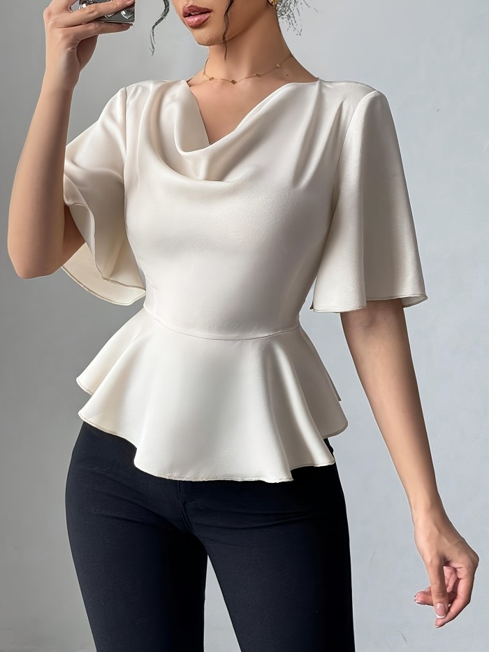 Women'S Elegant Ruffle Sleeve Blouse - Soft Polyester, V-Neck, Short Sleeve, Casual Wear for Spring and Summer, Casual Wear Blouse | Ruffle Sleeve Top | Polyester Fabric