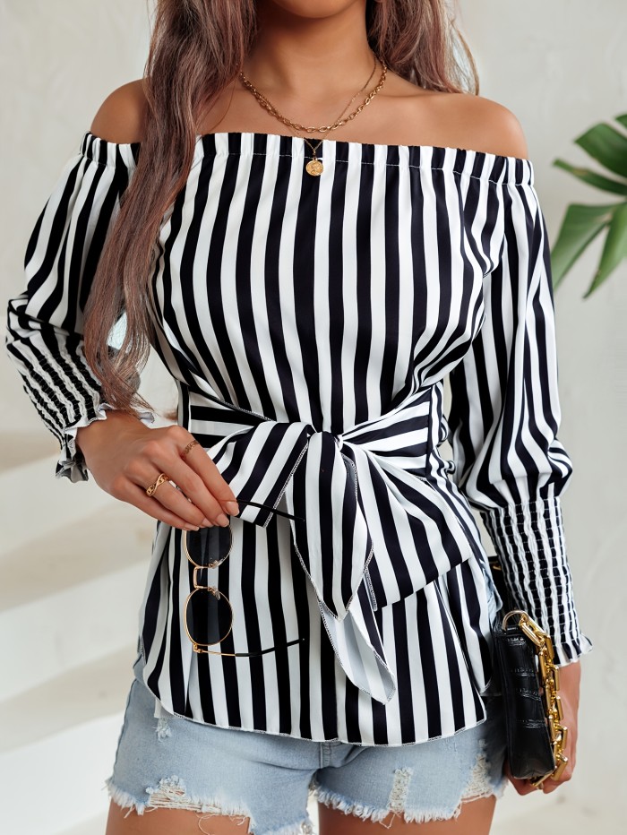 Elegant Off Shoulder Blouse - Striped Print Tie Front - Women's Clothing for Spring & Fall