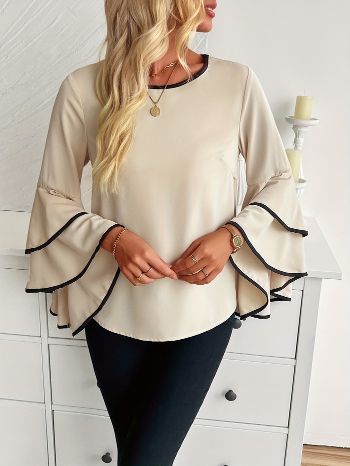 Gentle Care Elegant Apricot Flared Sleeve Blouse with Black Contrast Trim - Crew Neck, Ruffle Detail, Non-Stretch Polyester - Versatile All-Season Wear for Women