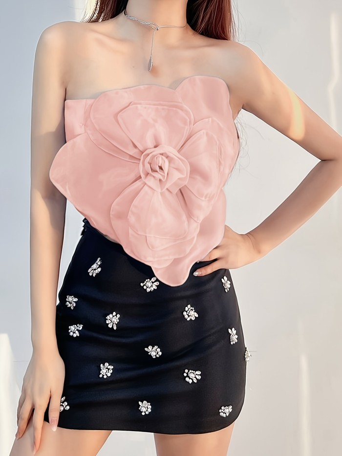 Women's Elegant Pink Ruffled Strapless Top with Floral Embellishments - Stretchy Polyester Blend, Machine Washable, Perfect for Evening Outfits and Special Occasions