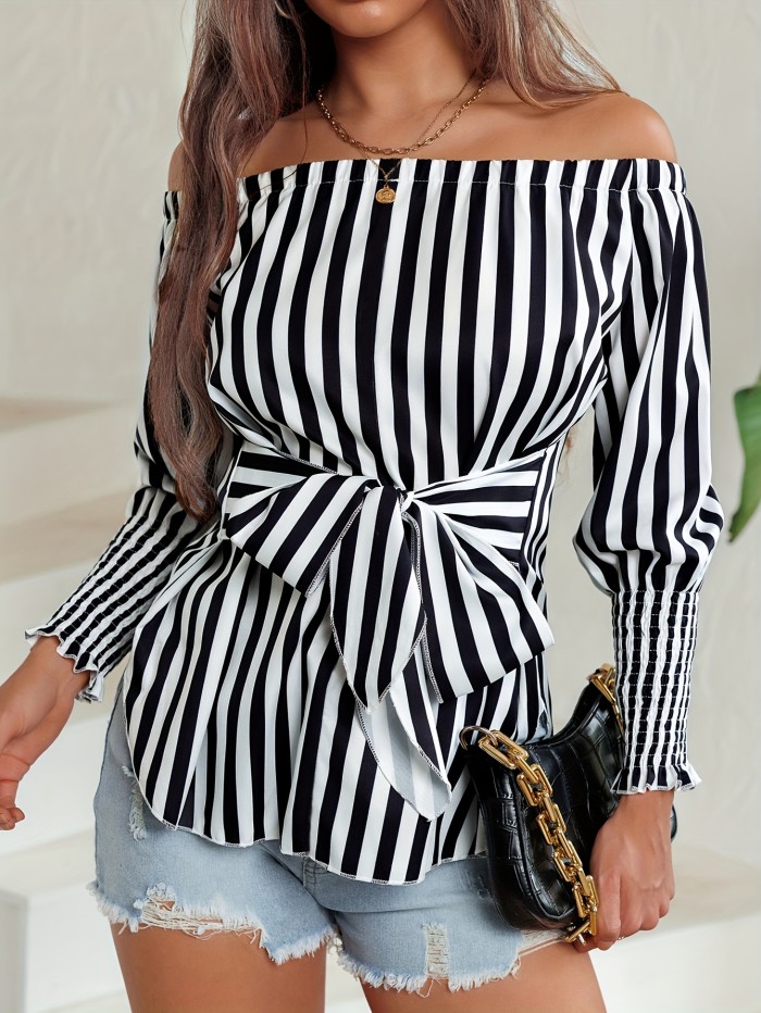 Elegant Off Shoulder Blouse - Striped Print Tie Front - Women's Clothing for Spring & Fall