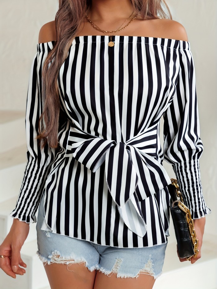 Elegant Off Shoulder Blouse - Striped Print Tie Front - Women's Clothing for Spring & Fall